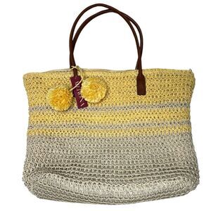 Merona Striped Woven Straw Pom Pom Tote Nag. NWT.
